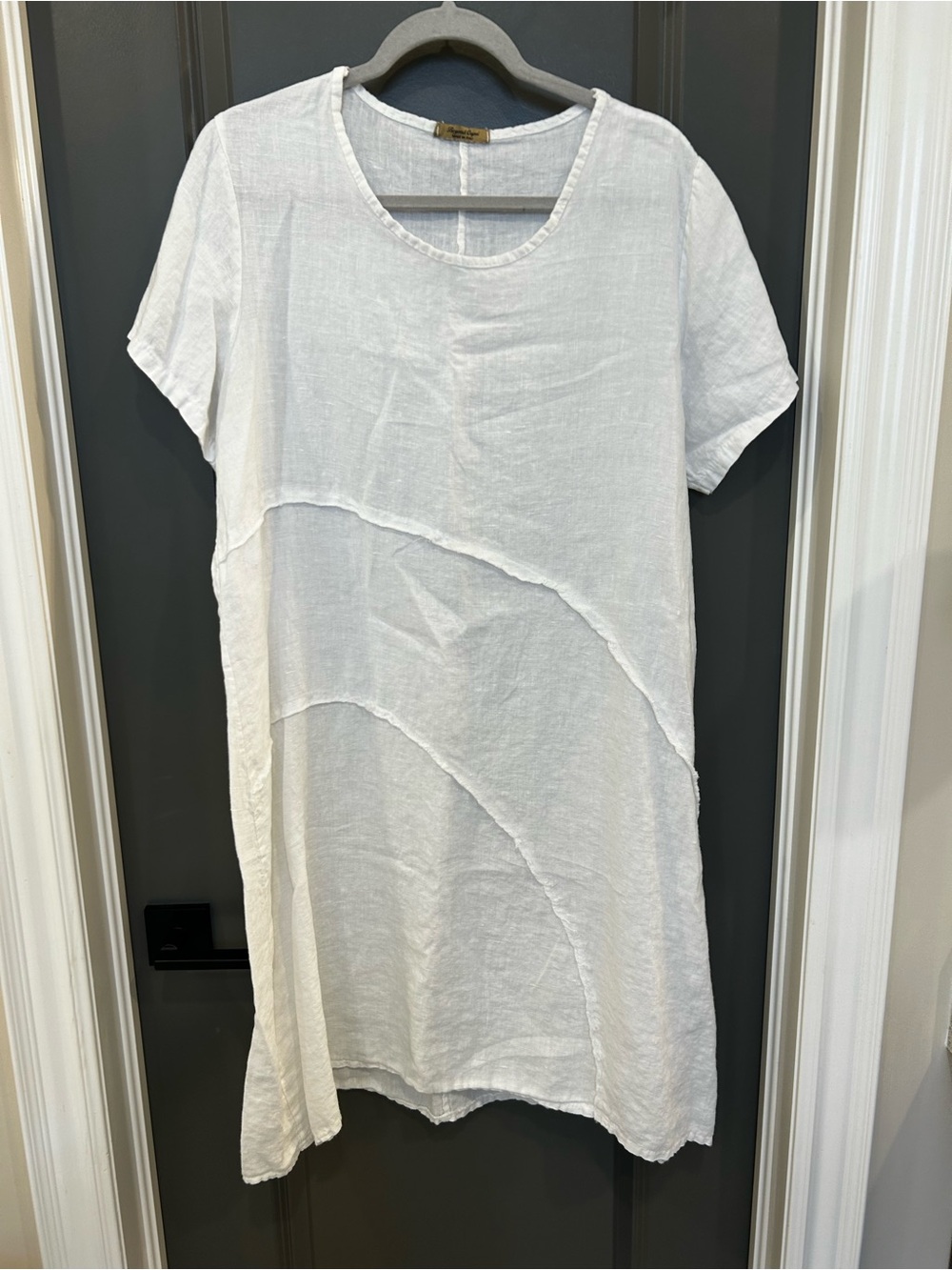 Women’s White Linen Midi Dress - Casual Scoop Neck